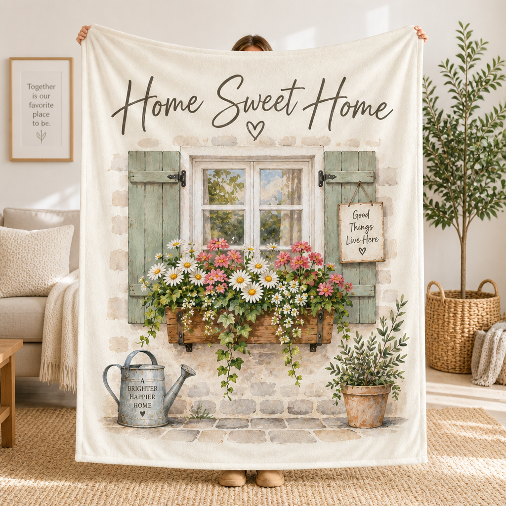 Home Sweet Home Fleece Blanket, Cottage Window Floral Throw, Rustic Farmhouse Daisy Blanket, Cozy Garden Decor Gift, Home Sweet Home