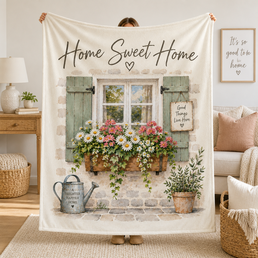 Home Sweet Home Fleece Blanket, Cottage Window Floral Throw, Rustic Farmhouse Daisy Blanket, Cozy Garden Decor Gift, Home Sweet Home