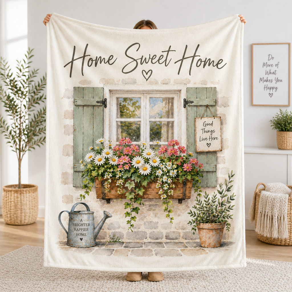 Home Sweet Home Fleece Blanket, Cottage Window Floral Throw, Rustic Farmhouse Daisy Blanket, Cozy Garden Decor Gift, Home Sweet Home