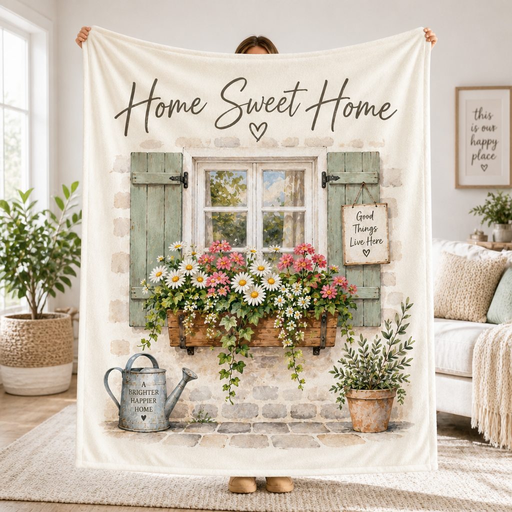 Home Sweet Home Fleece Blanket, Cottage Window Floral Throw, Rustic Farmhouse Daisy Blanket, Cozy Garden Decor Gift, Home Sweet Home
