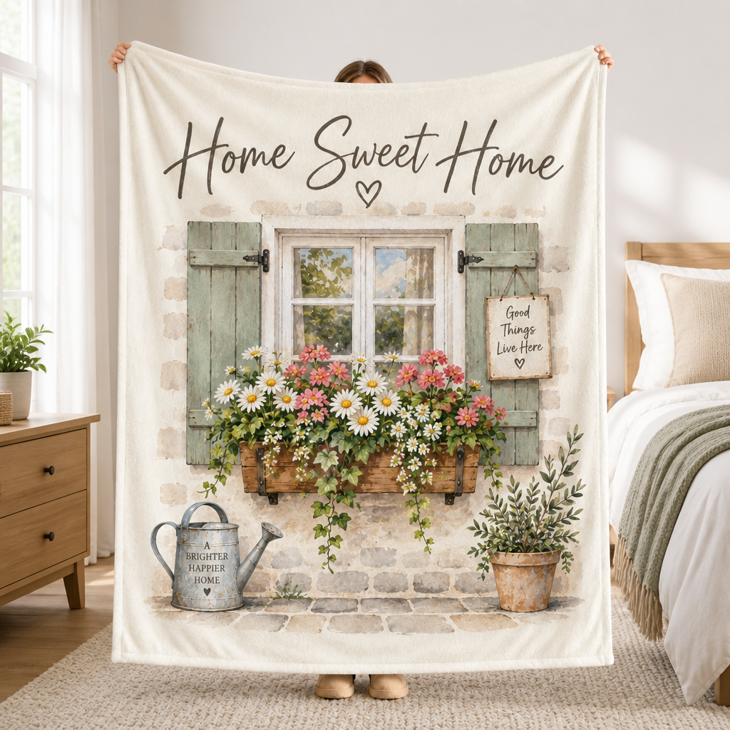 Home Sweet Home Fleece Blanket, Cottage Window Floral Throw, Rustic Farmhouse Daisy Blanket, Cozy Garden Decor Gift, Home Sweet Home
